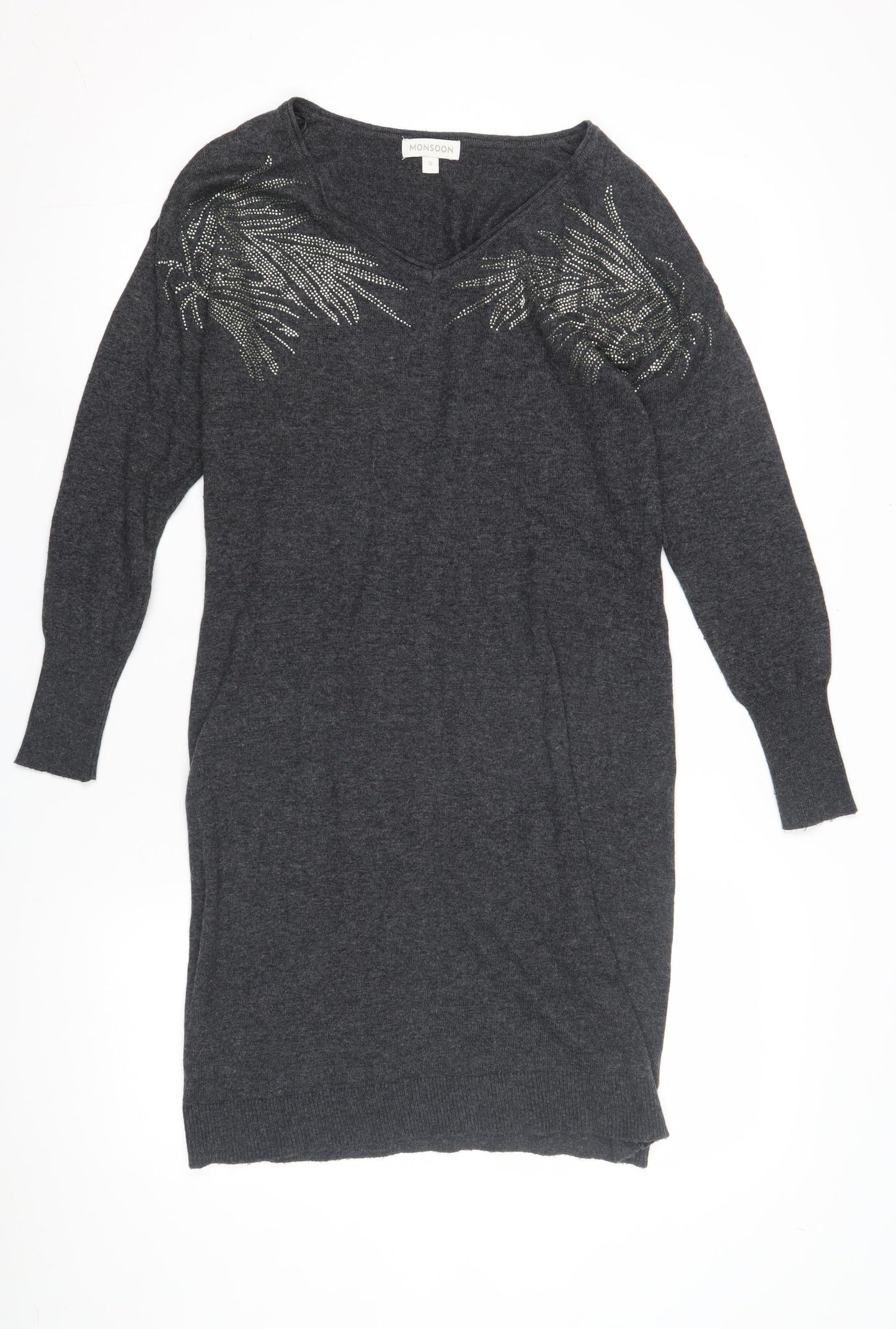 Monsoon Women's Grey Sequin Wool Jumper Dress S