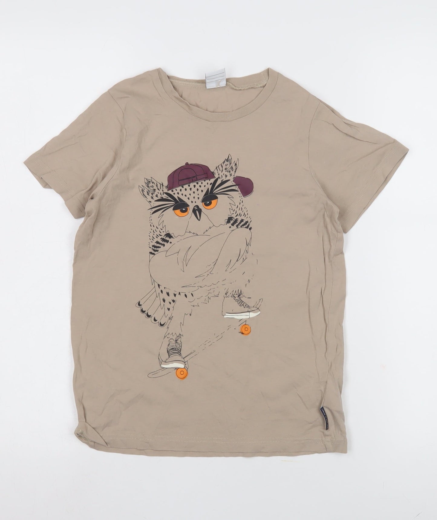 Polarn O. Pyret Girls Beige Owl Graphic T-Shirt Size 8-9