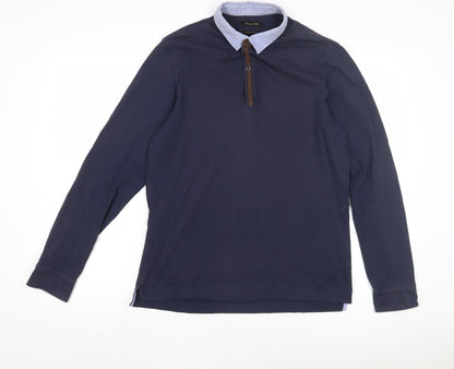 Massimo Dutti Men's Blue Cotton Long Sleeve Polo L