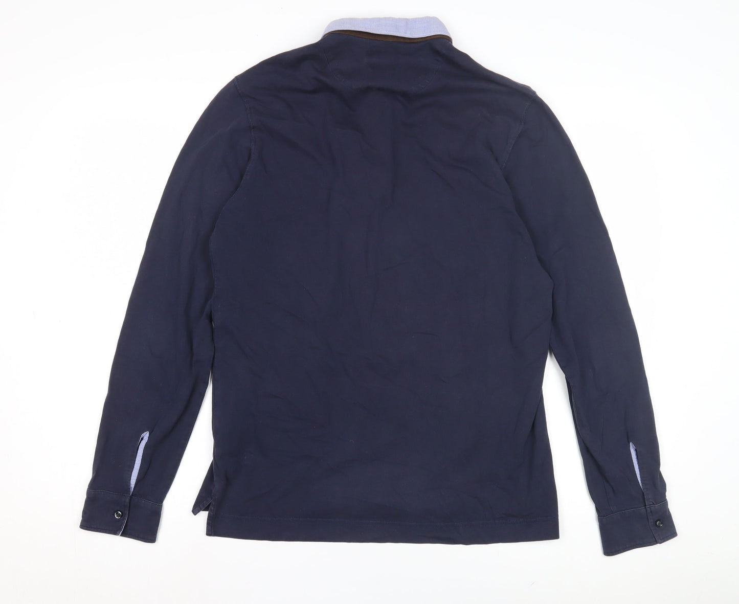 Massimo Dutti Men's Blue Cotton Long Sleeve Polo L