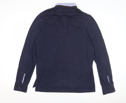 Massimo Dutti Men's Blue Cotton Long Sleeve Polo L