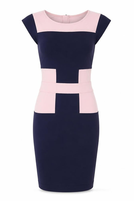 Front view of French Connection Women's Pink Blue Bodycon Knee Dress