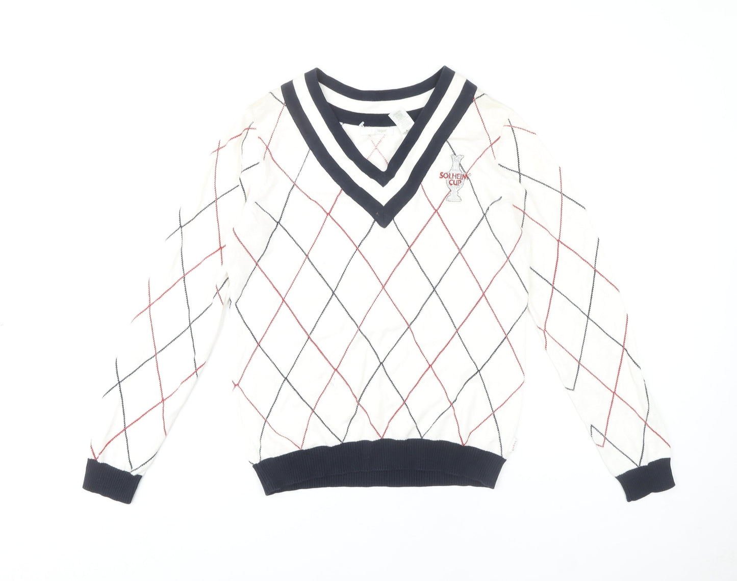 Lizgolf Women's Ivory V-Neck Argyle Pullover Jumper M