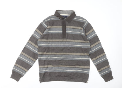 Marks and Spencer Grey Striped Polo - Men's S Long Sleeve