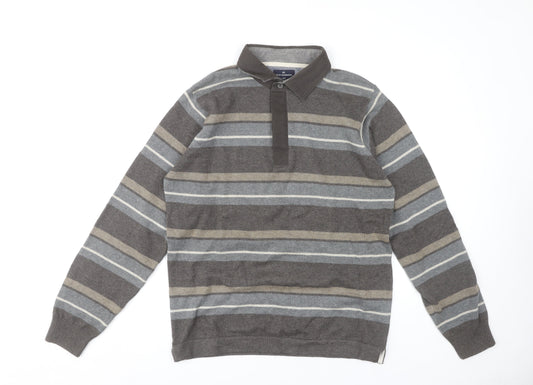 Marks and Spencer Grey Striped Polo - Men's S Long Sleeve