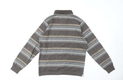 Marks and Spencer Grey Striped Polo - Men's S Long Sleeve