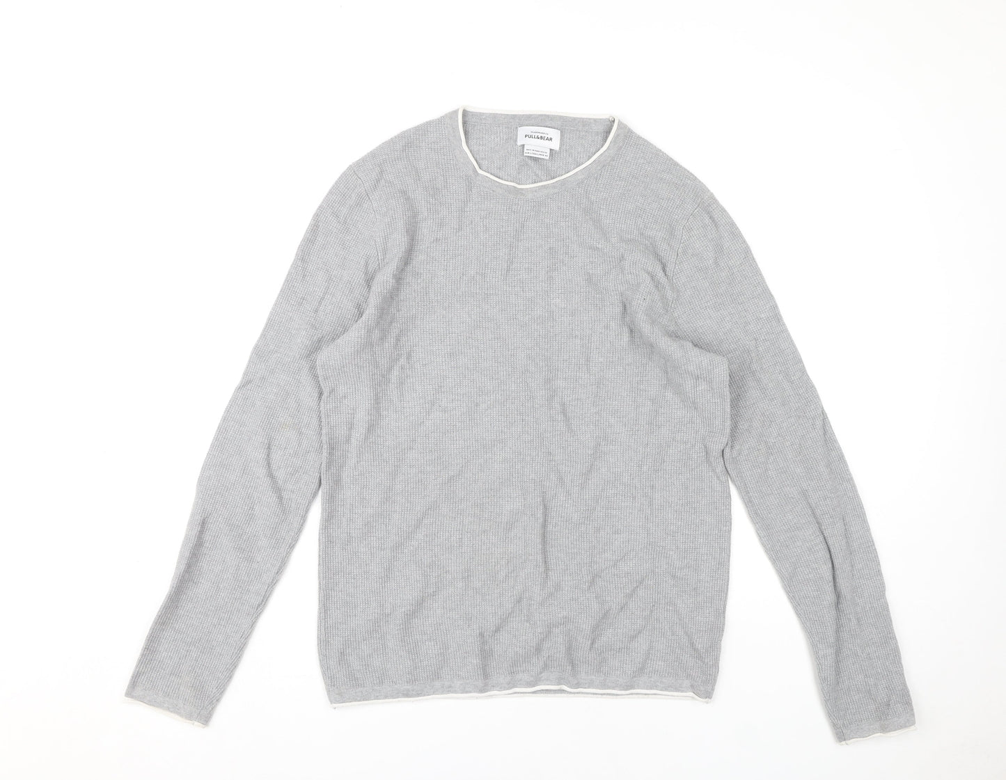 Pull & Bear Men's Grey Long Sleeve Crew Neck T-Shirt, Size L