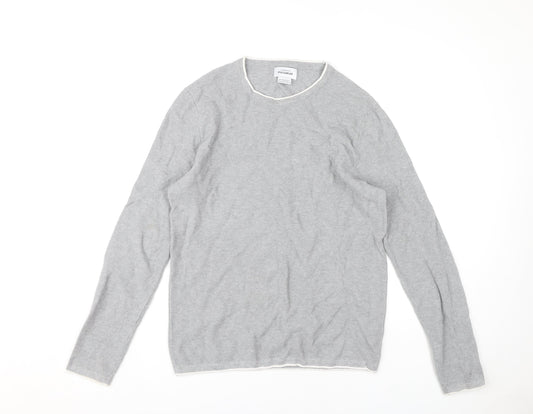 Pull & Bear Men's Grey Long Sleeve Crew Neck T-Shirt, Size L