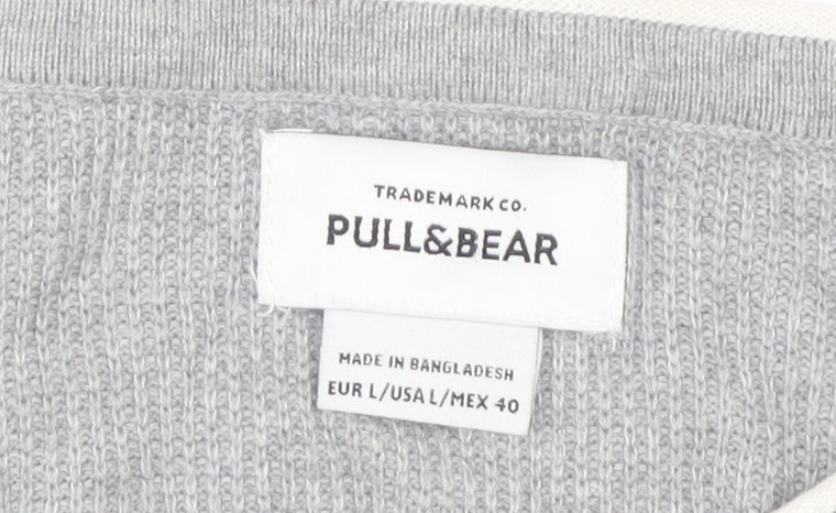 Pull & Bear Men's Grey Long Sleeve Crew Neck T-Shirt, Size L