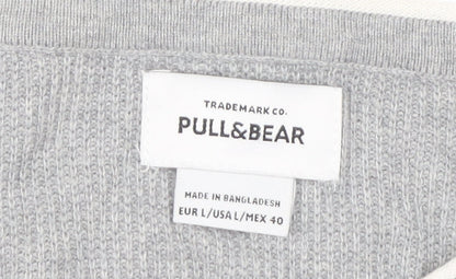 Pull & Bear Men's Grey Long Sleeve Crew Neck T-Shirt, Size L