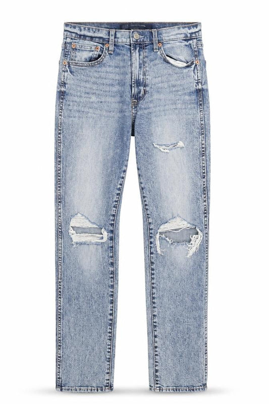 Front view of Gap women’s blue distressed straight jeans, size UK 27