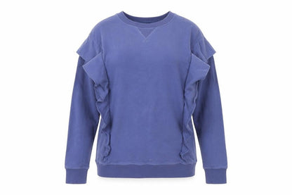 Front view of AND/OR Women's Blue Ruffle Sweatshirt, size 8