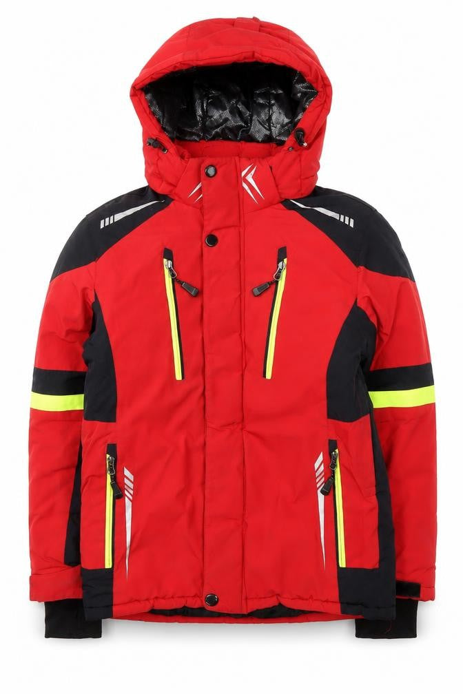 Front view of Zhong Guo Hu boys’ red hooded puffer jacket
