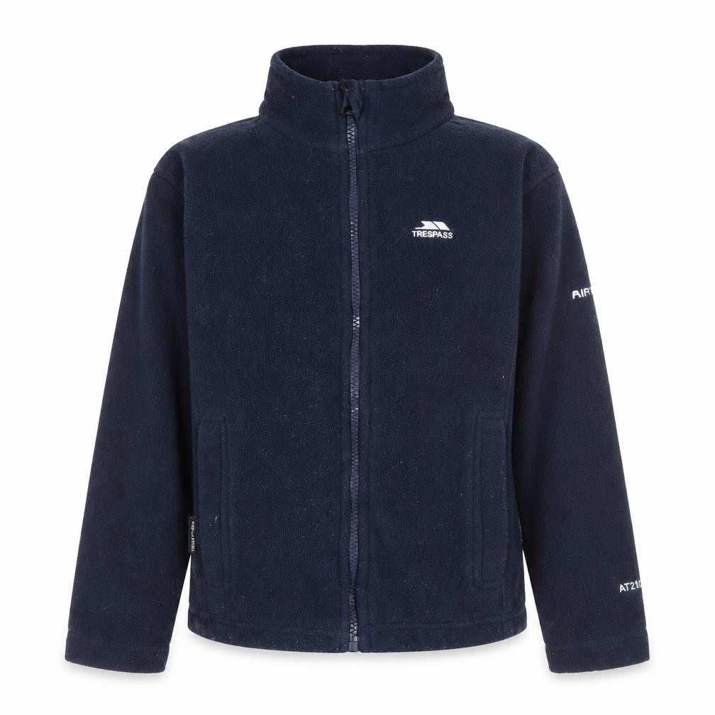 Front view of Trespass boys’ blue fleece activewear jacket, size 7-8