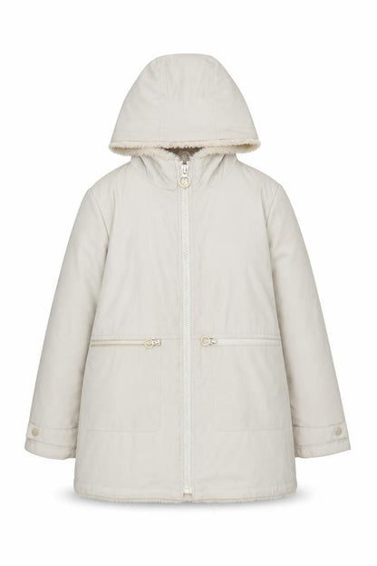 Front view of Zara girls’ beige hooded coat 11-12 years long zipped pockets