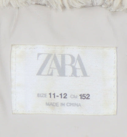 Zara Girls Beige Hooded Coat 11-12 Years Long Zipped Pockets