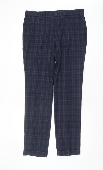 Next Men's Blue Plaid Trousers, Size 34, Zip Closure