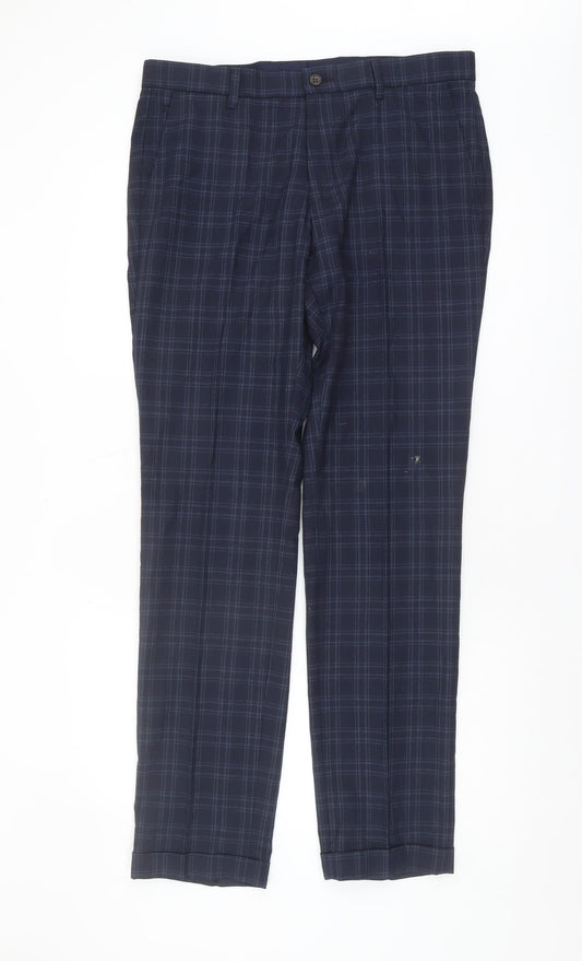 Next Men's Blue Plaid Trousers, Size 34, Zip Closure