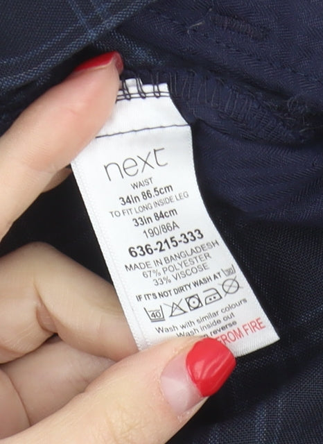 Next Men's Blue Plaid Trousers, Size 34, Zip Closure