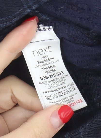 Next Men's Blue Plaid Trousers, Size 34, Zip Closure