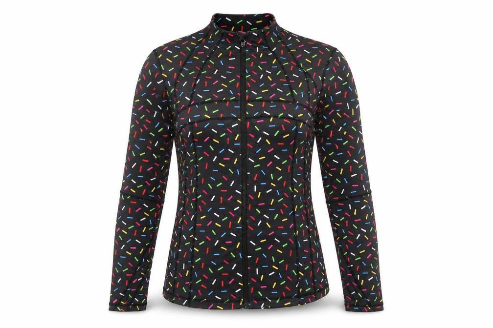 Front view of Lucy Locket Loves Women's Black Sprinkle Print Jacket