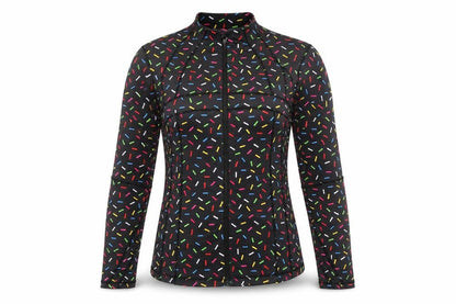 Front view of Lucy Locket Loves Women's Black Sprinkle Print Jacket