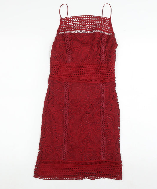 Topshop Women's Red Bodycon Lace Midi Dress Size 8