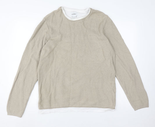 Pull&Bear Men's Beige Crew Neck Knit Pullover - Size L