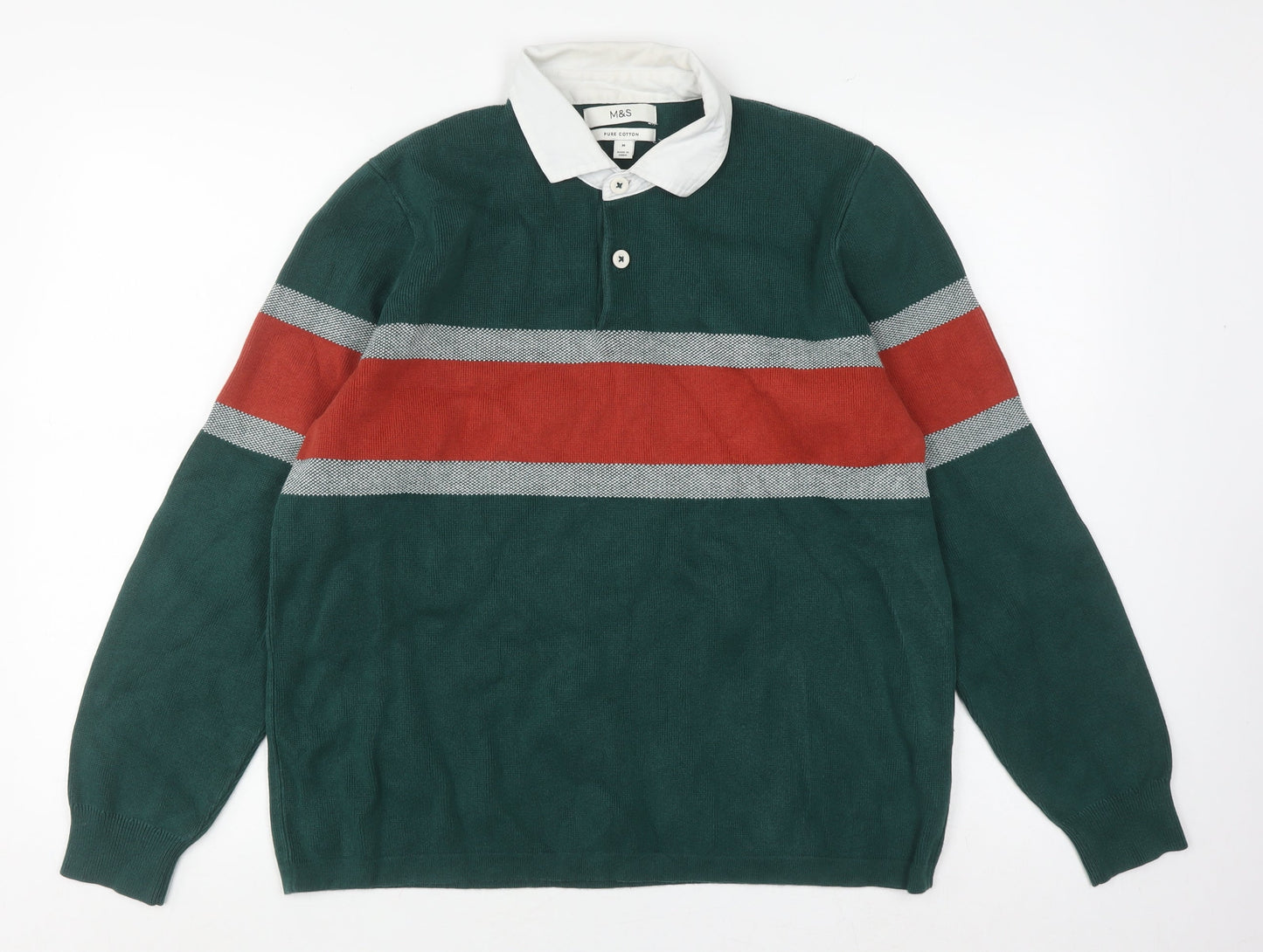 Marks and Spencer Men's Green Striped Polo M