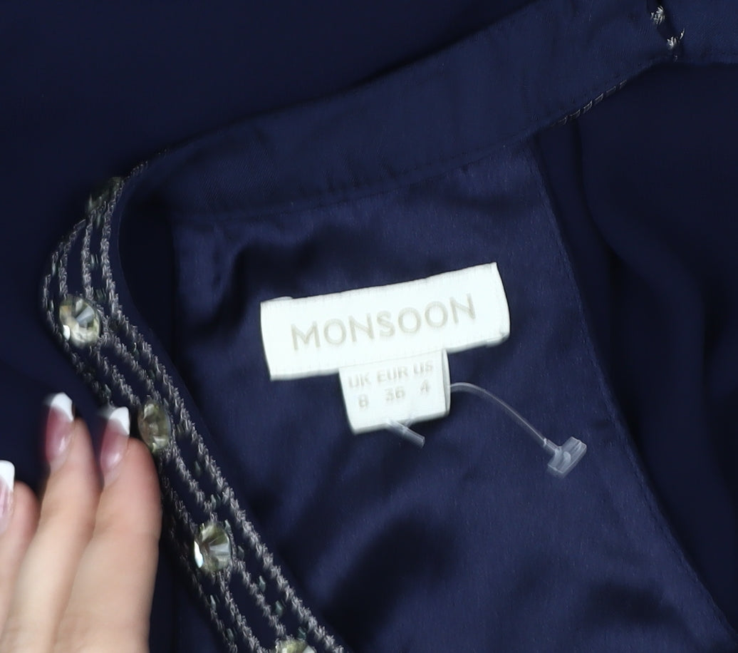 Monsoon Women's Blue Beaded Cocktail Dress Size 8