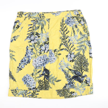 Next Women's Floral Yellow Skirt, Size 12, Linen Blend