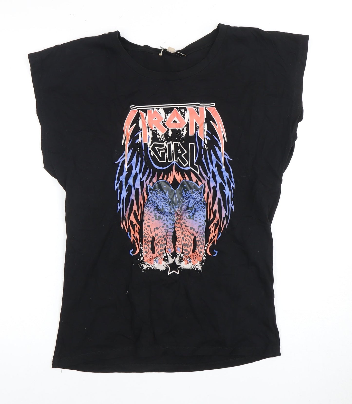 Ruka Women's Black Cotton Rock Graphic T-Shirt - Size S