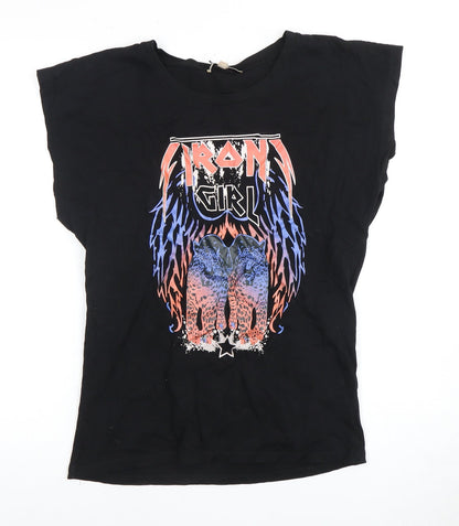 Ruka Women's Black Cotton Rock Graphic T-Shirt - Size S