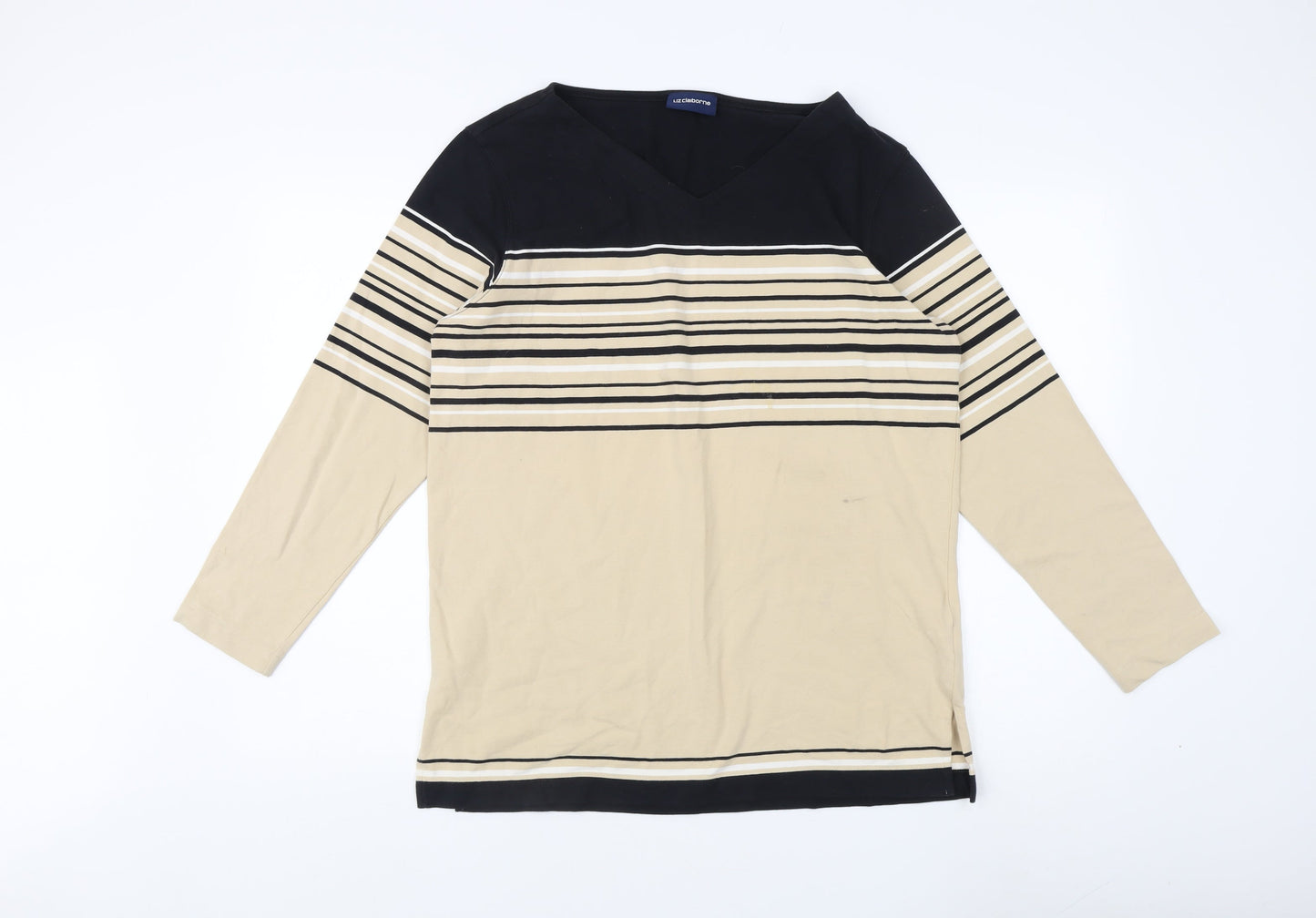 Liz Claiborne Women's Beige Black Striped V-Neck T-Shirt M
