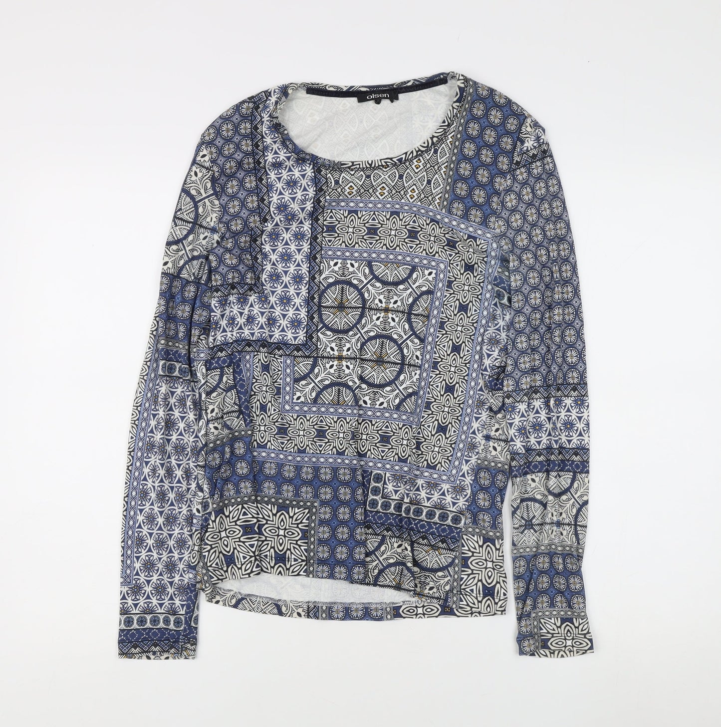 Olsen Women's Blue Geometric Long Sleeve Blouse, Size 14