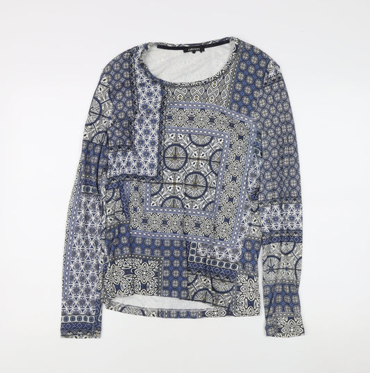 Olsen Women's Blue Geometric Long Sleeve Blouse, Size 14