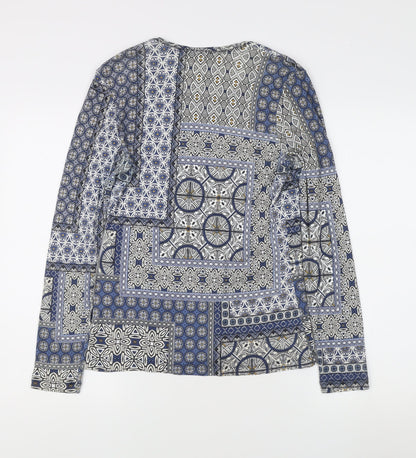 Olsen Women's Blue Geometric Long Sleeve Blouse, Size 14