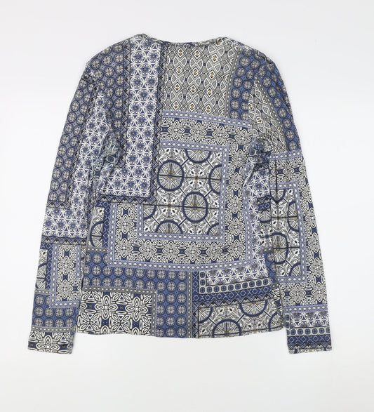 Olsen Women's Blue Geometric Long Sleeve Blouse, Size 14