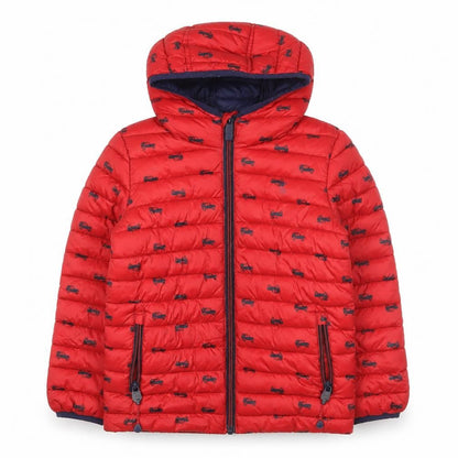 Front view of Joules boys’ red car print puffer jacket, 6 years, autumn winter