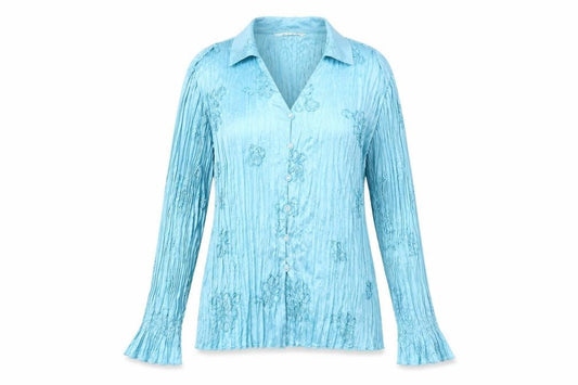ELVI Women's Blue Long Sleeve Embroidered Blouse