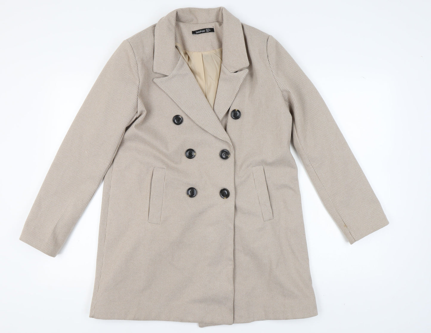 Boohoo Women's Beige Check Pea Coat Size 12