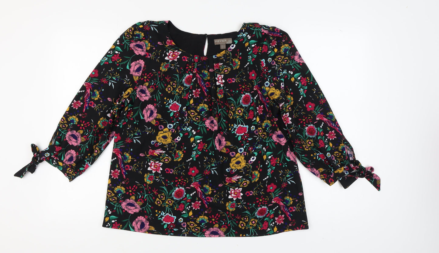 Fever London Women's Black Floral Blouse, Size 16, 3/4 Sleeve
