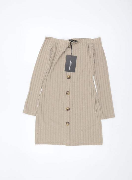 PrettyLittleThing Beige Bodycon Knee Length Dress 10