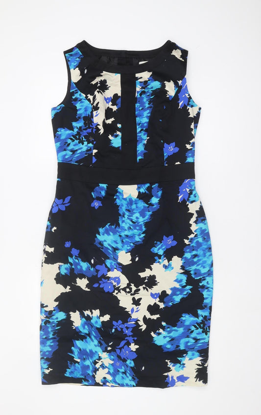 Monsoon Women's Floral Black Blue Sleeveless Dress Size 14