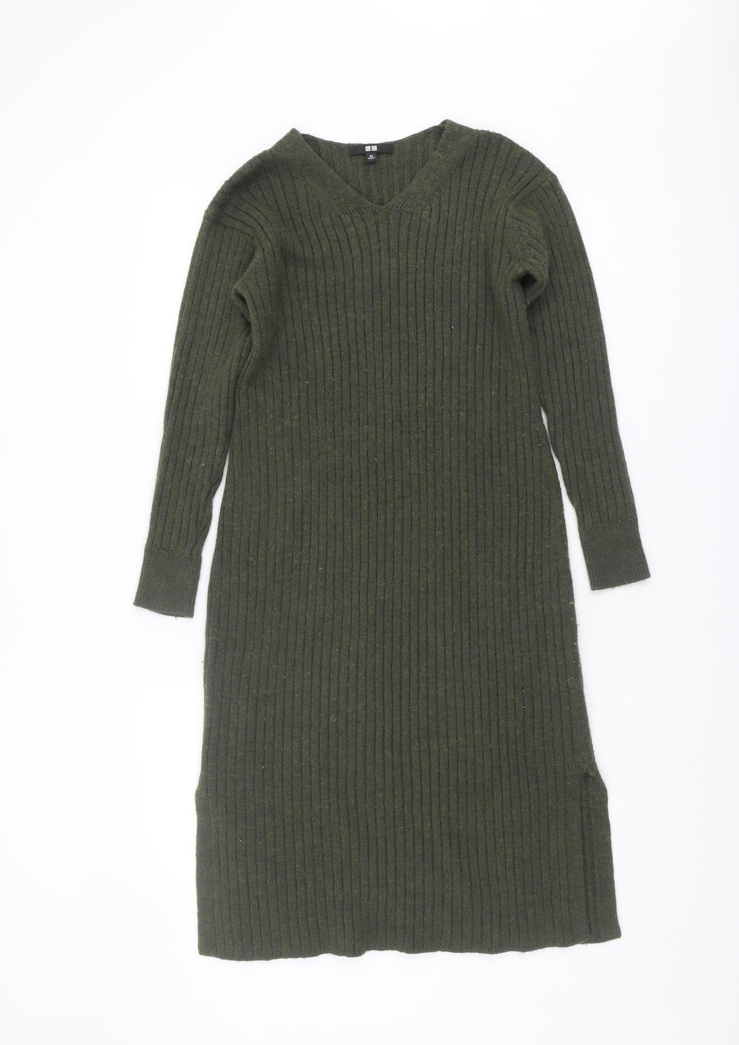 Uniqlo Women's Green Jumper Dress XS V-Neck Midi
