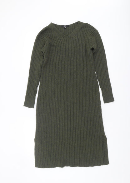 Uniqlo Women's Green Jumper Dress XS V-Neck Midi