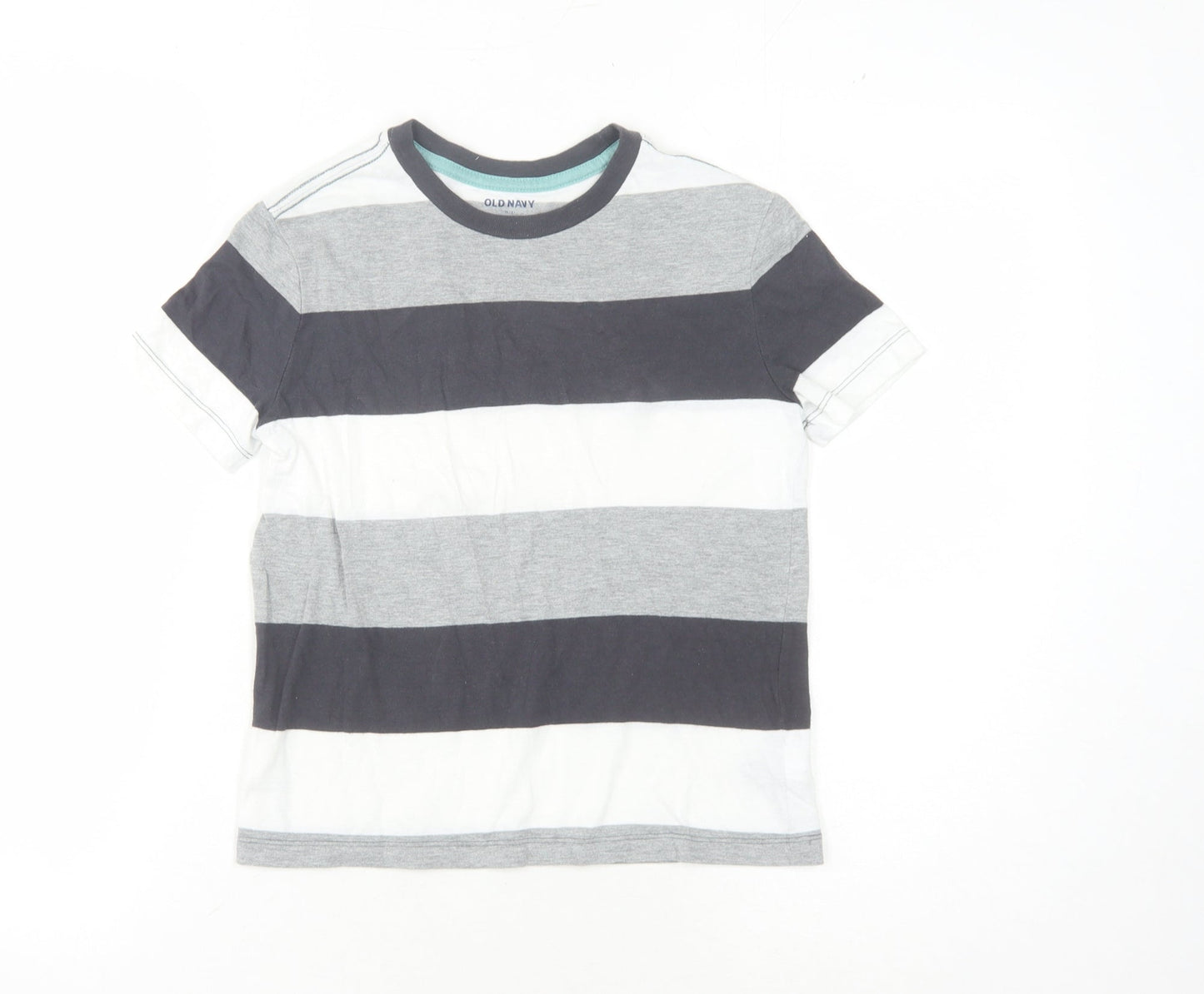 Old Navy Boys Grey Striped T-Shirt M (8 Years) Crew Neck