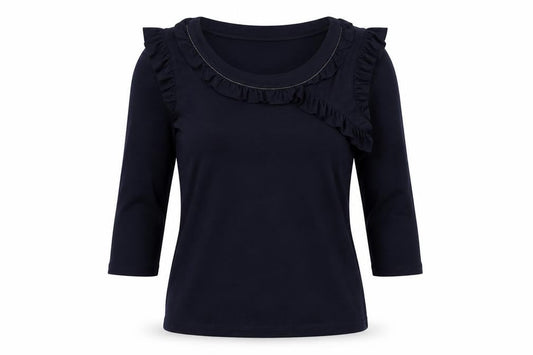 Front view of Betty Jackson Women's Black 3/4 Sleeve Ruffled Top