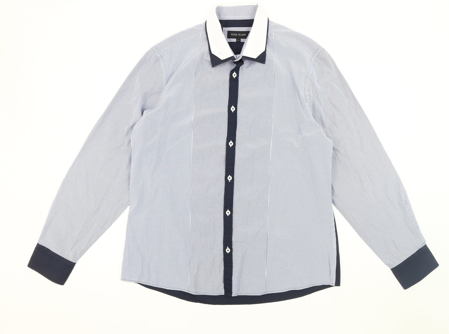 River Island Men's Blue Striped XL Casual Shirt