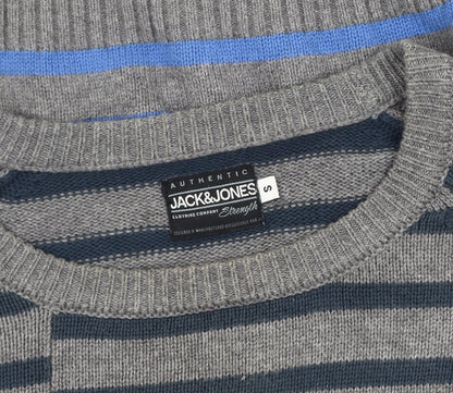 Jack & Jones Men's Grey Blue Striped Pullover Jumper S